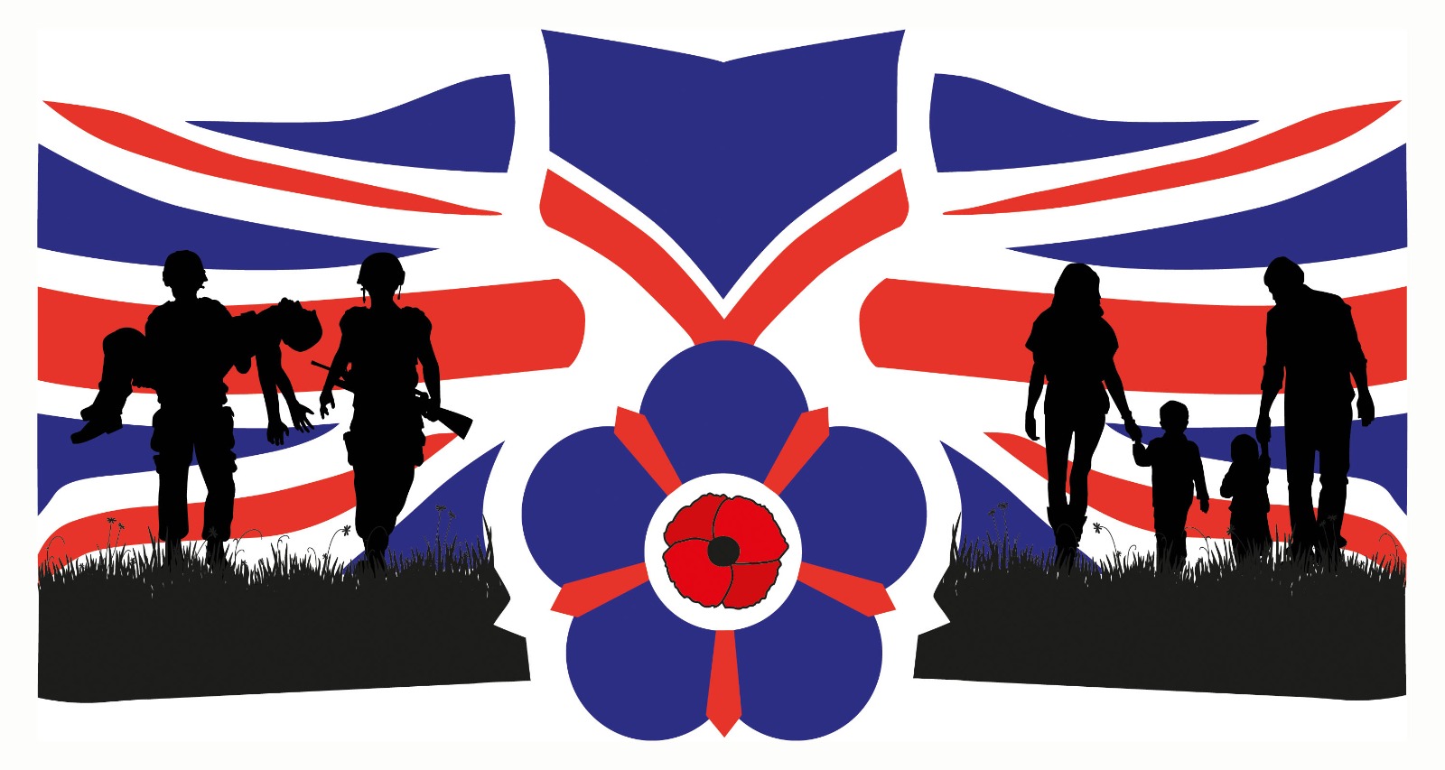 Transformation for Veterans artwork: soldiers and a family in silhouette against the Union flag with a poppy