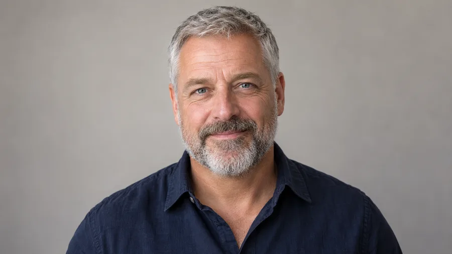 A smiling silver-haired man in a navy shirt