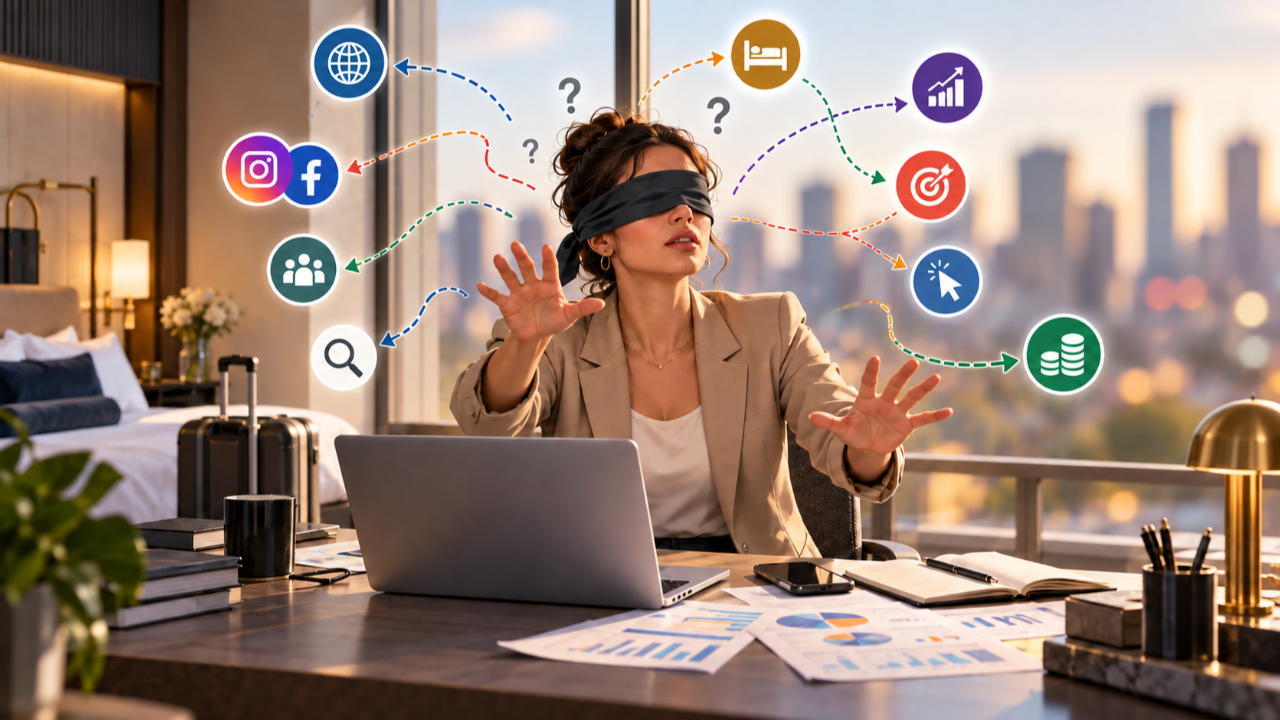 Professionnelle du marketing hôtelier, les yeux bandés, entourée d’icônes numériques.