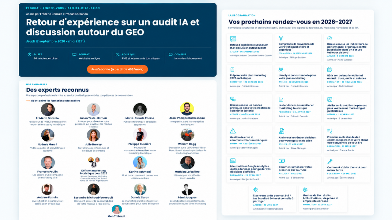 Montage de la programmation 2026-2027 de l’ANT, avec les prochains rendez-vous, les formations et les experts invités.