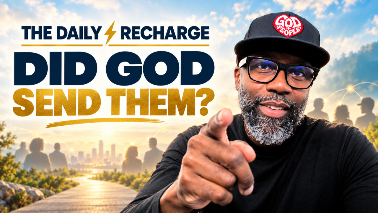 Reginald Hinton Jr. pointing toward the viewer while wearing a GOD + PEOPLE hat beside the question DID GOD SEND THEM?