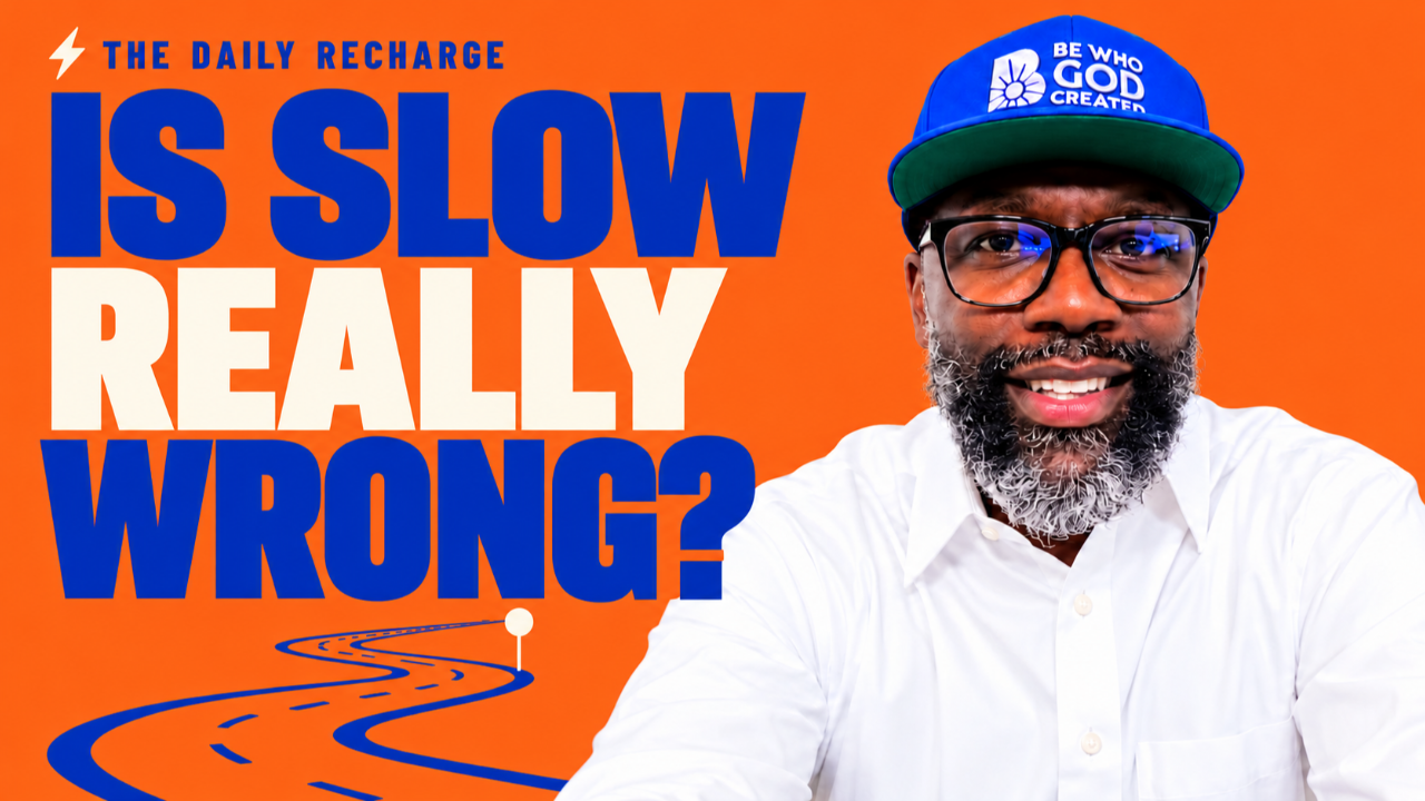 Reginald Hinton Jr. beside the words “Is slow really wrong?” and a winding blue road on an ivory background.