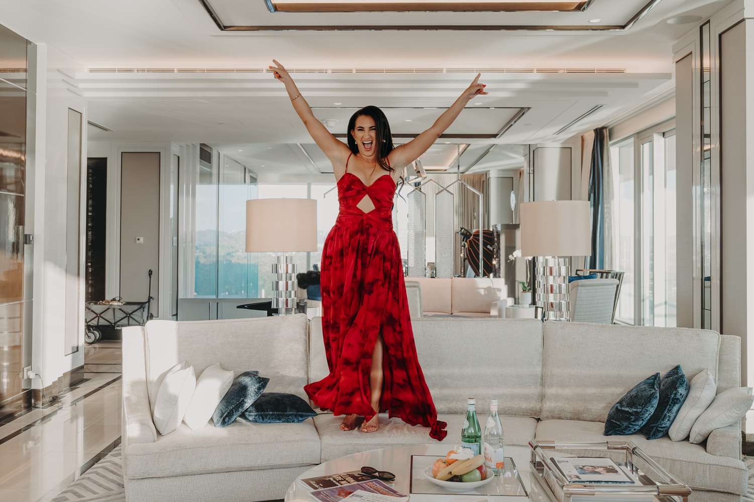 Michelle Rule celebrating in the penthouse, High Flyers