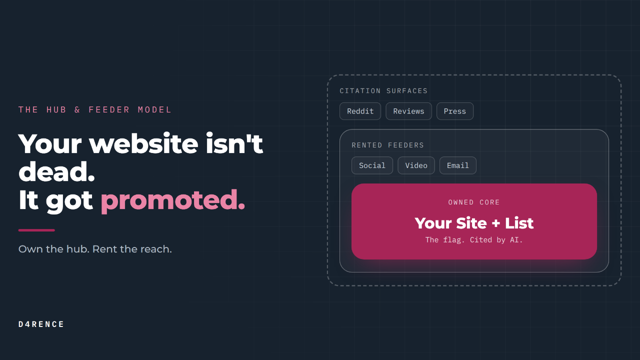 The Hub and Feeder architecture: an owned website hub surrounded by rented feeder platforms.