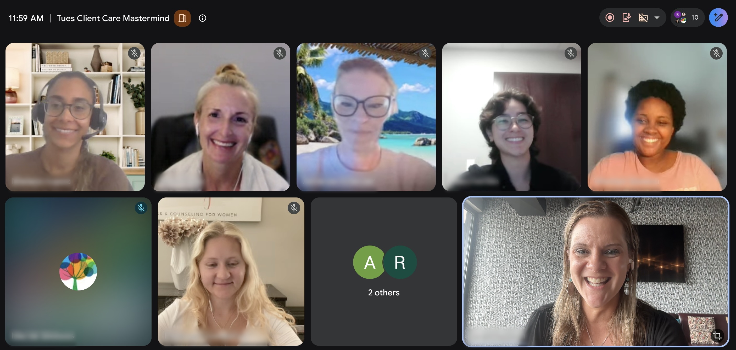 A Tuesday Client Care Mastermind meeting on Zoom, ten Client Care Extraordinaires from practices across the country
