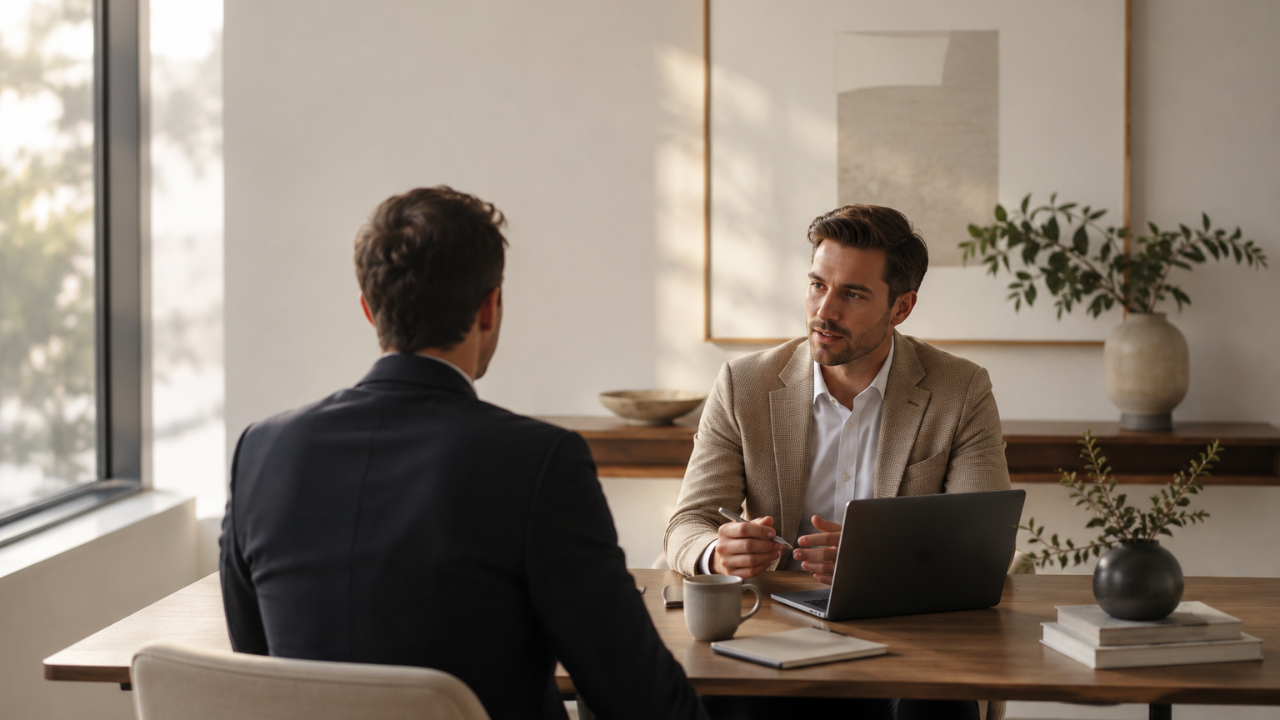 Physician meeting with a healthcare marketing strategist to review agency options, brand strategy, and digital marketing plans.