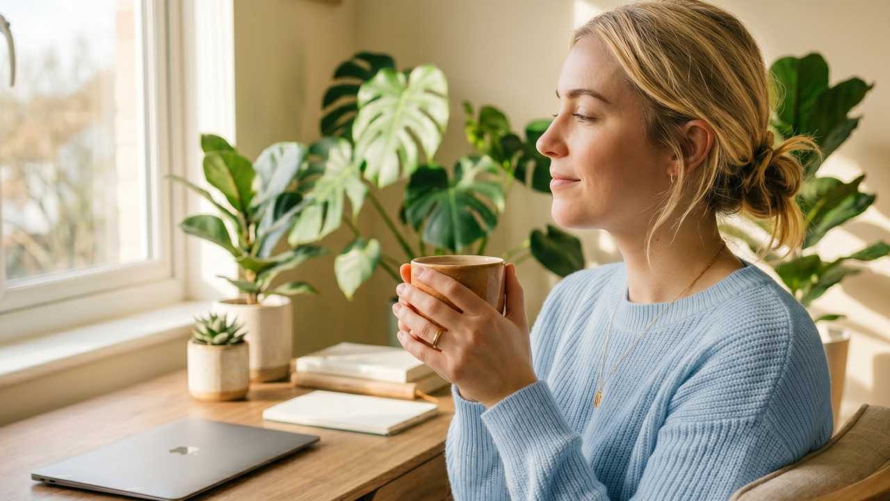 Woman sitting back from her desk with a cacao cup in warm morning light, representing the nervous system regulation approach to soulpreneur productivity and burnout recovery