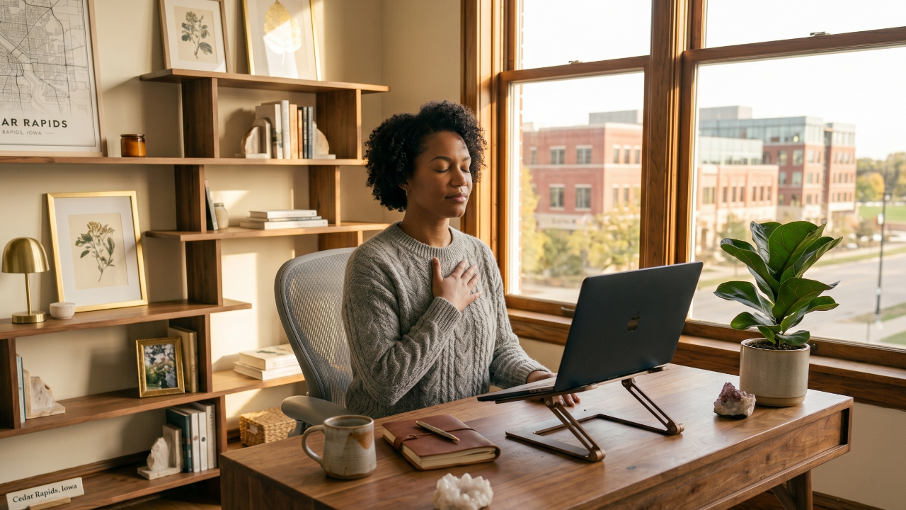 Woman with eyes closed and hand on chest at her desk in warm natural light, representing the nervous system regulation approach to organizing work when overwhelmed as a solopreneur