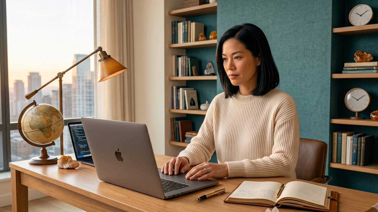 Woman sitting with grounded posture at a calm organized desk in warm morning light, representing the connection between nervous system regulation and business backend systems for solopreneurs experiencing burnout