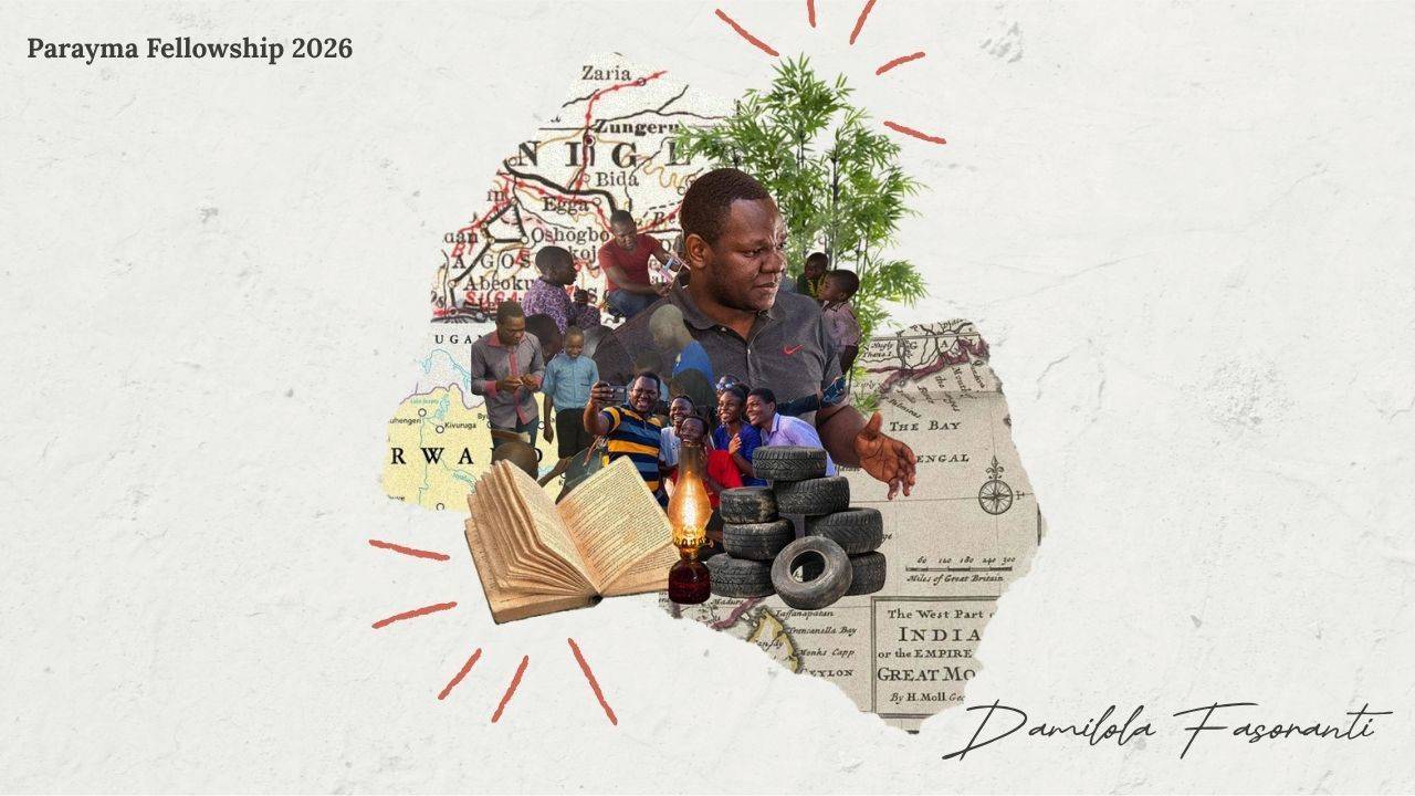 Artistic collage with a headshot of Damilola Fasoranti in the center.