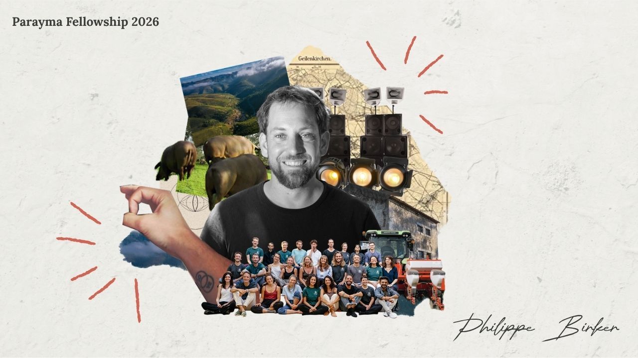 Artistic collage with a headshot of Philippe Birker in the center.