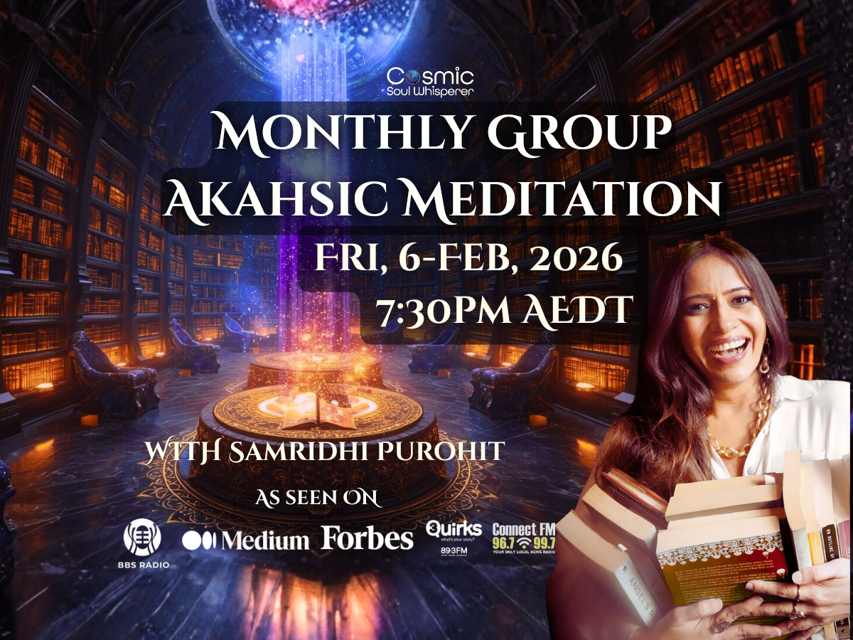 Feb Cosmic Akashic Group Meditation with Samridhi Purohit featuring collective Akashic guidance, healing, Light Language activations, and soul alignment