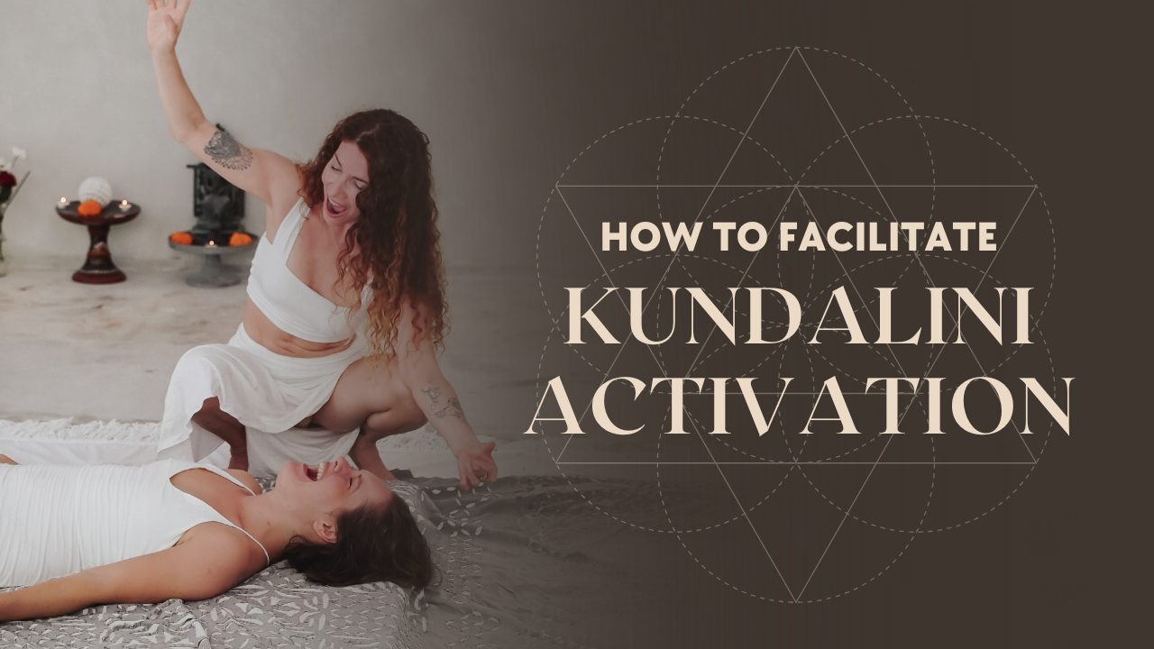 Lisa Rachel Snyder facilitating kundalini activation with participant lying down and text “How to Facilitate Kundalini Activation” explaining facilitator training