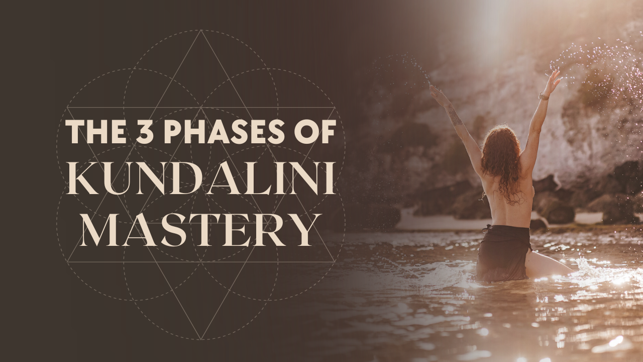 Lisa Rachel Snyder sitting in meditation on rocks with text “The 3 Phases of Kundalini Mastery” explaining kundalini awakening stages