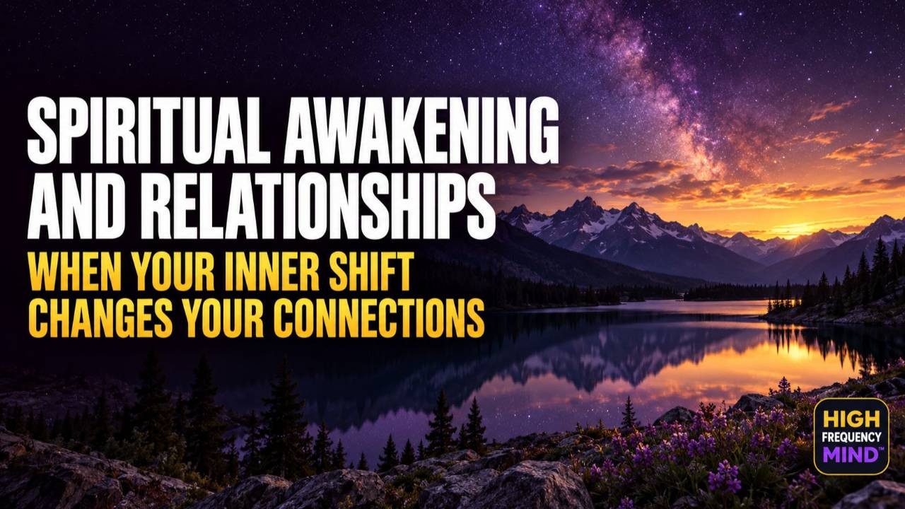 Spiritual Awakening and Relationships: When Your Inner Shift Changes Your Connections, with a purple starry sky, mountain lake, wildflowers, and High Frequency Mind logo