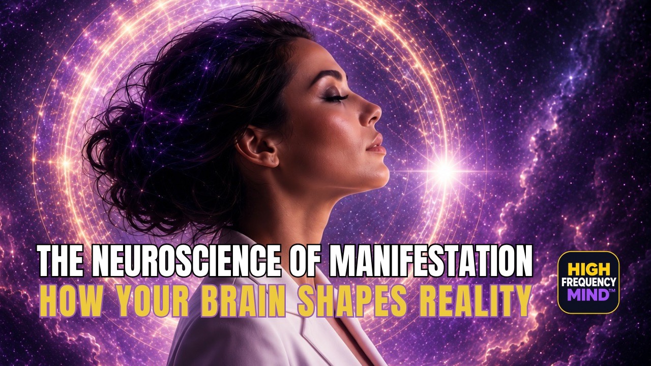 Abstract cosmic illustration of a glowing human brain connected to neural pathways and luminous energy, symbolizing predictive processing, awareness, conditioning, neuroplasticity, and the relationship between neuroscience and consciousness within the High Frequency Mind™ philosophy.