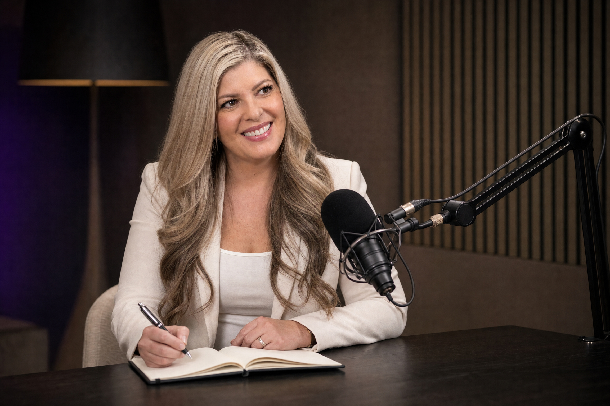 Lindsay Goodwin, host of The High Frequency Mind™ Podcast, recording in a studio
