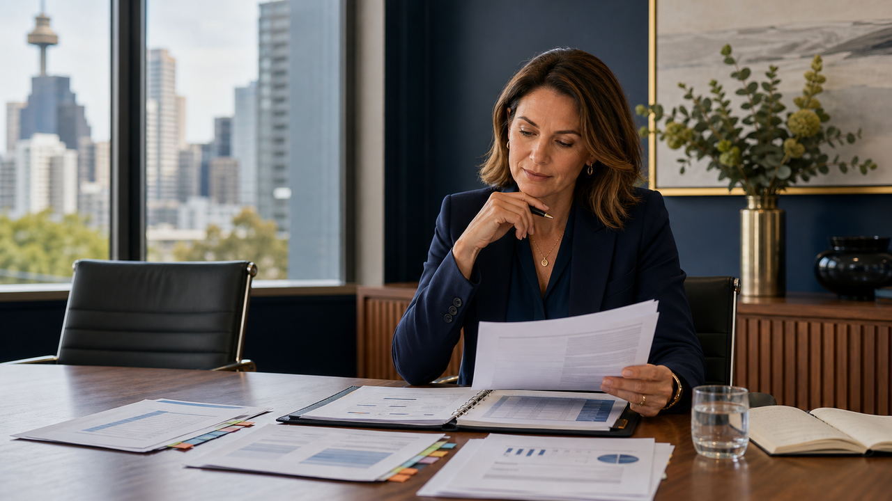 Prospective director reviewing financial and governance documents at a boardroom table before accepting a role