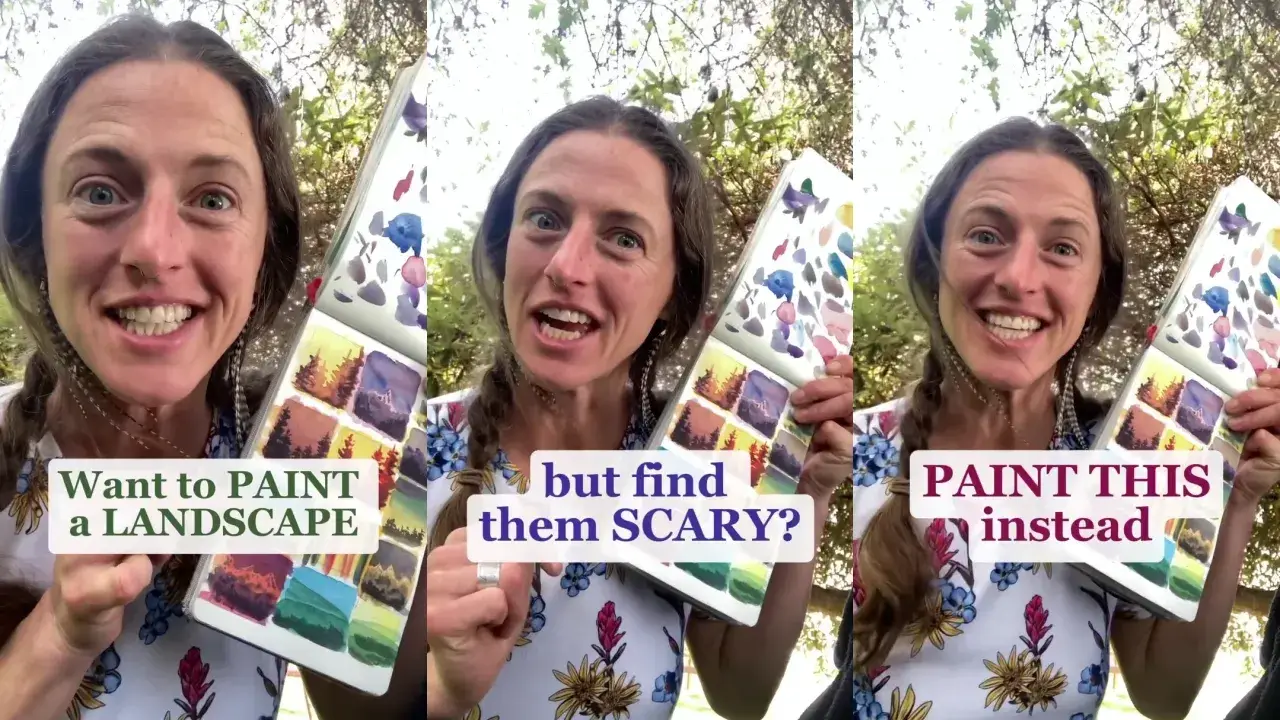 Juliene holds a journal filled with colorful landscape watercolor studies, inspiring beginners to paint mini watercolor landscapes across one journal page.