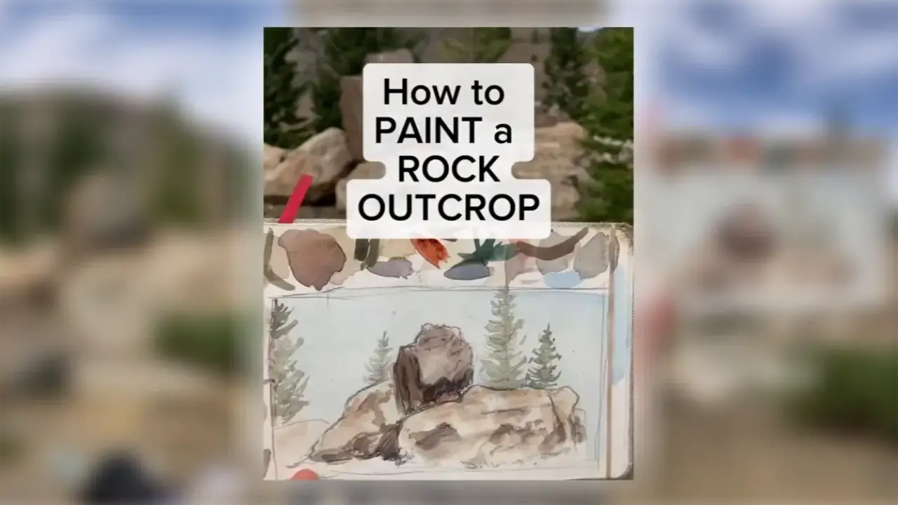 Watercolor rock outcrop painting with rocky cliffs, evergreen trees, and earth-toned swatches. Juliene demonstrates how to paint rocks in watercolor.