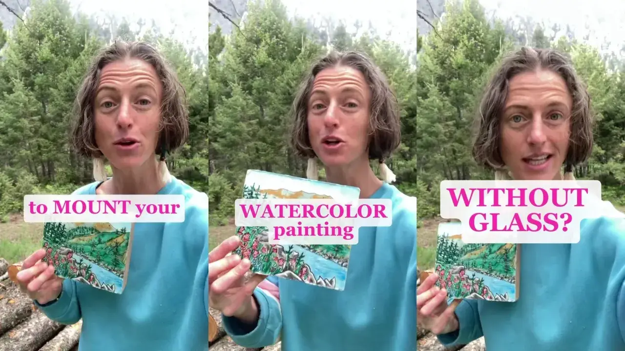 Artist Juliene holds a watercolor landscape painting in three poses outdoors, illustrating how to mount watercolor artwork without glass for a clean, professional display.
