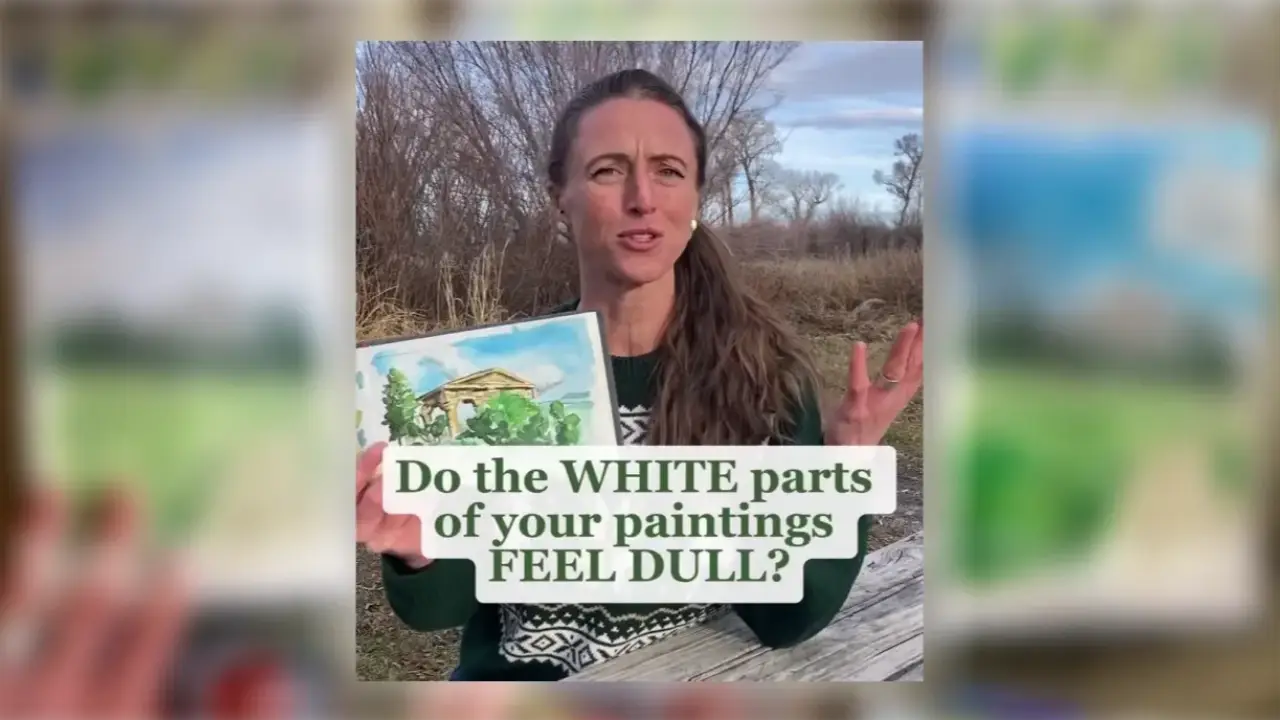 Juliene holds a watercolor landscape painting outdoors, showing a small house, green trees, and a blue sky, while sharing tips on making the white areas of watercolor paintings look brighter and less dull.