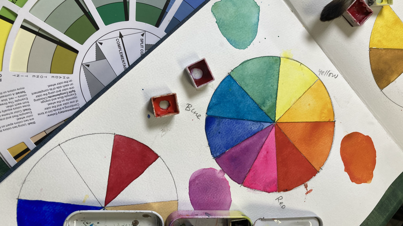 Watercolor color wheel study and color mixing exercises used for effective painting practice.