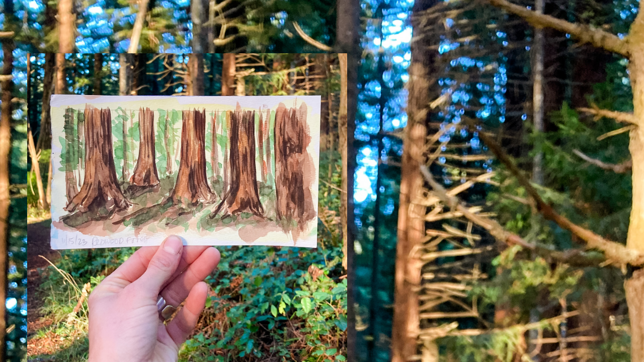 Artist comparing a painted forest study with the natural forest reference in the background.