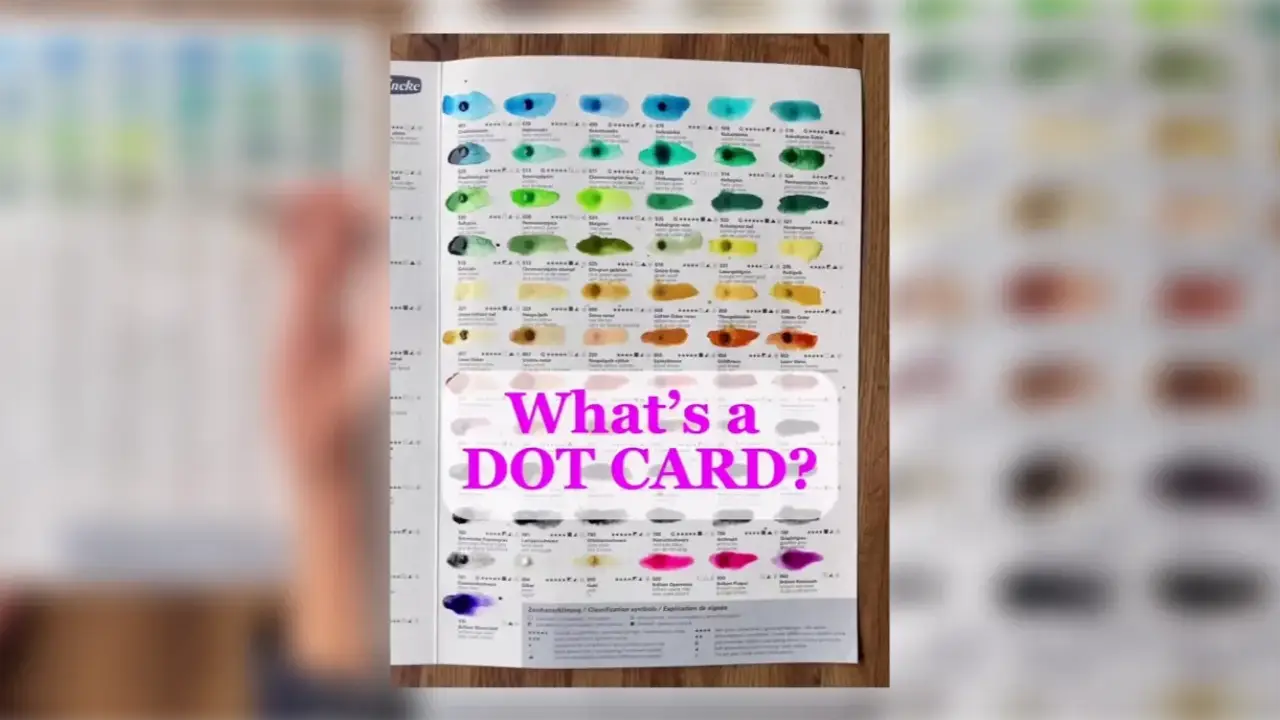 Watercolor paint chart showing rows of color swatches and pigment information, illustrating what a watercolor dot card is and how artists use it to sample paints.