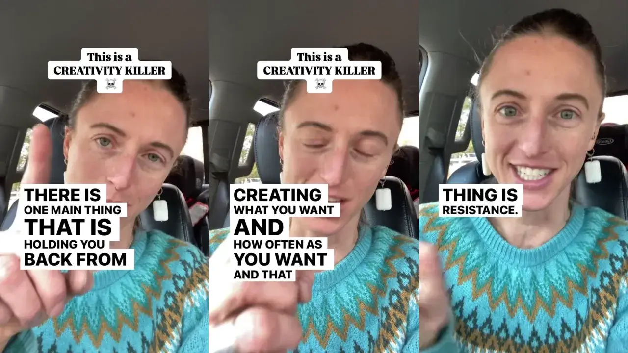 Juliene speaks to the camera in a car, explaining how resistance can hold artists back from watercolor painting and how taking small steps helps overcome creative blocks.