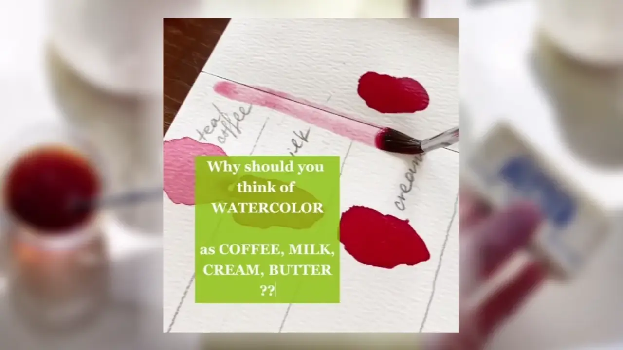 Watercolor swatches in red and pink on paper with a brush, illustrating how pigment-to-water ratios change from tea to milk, cream, and butter for watercolor painting.