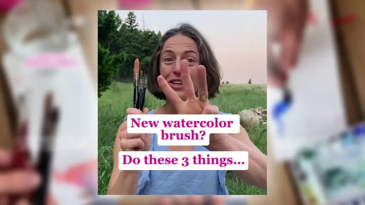 Artist Juliene holding new watercolor brushes outdoors and showing three tips for caring for and using new watercolor brushes.