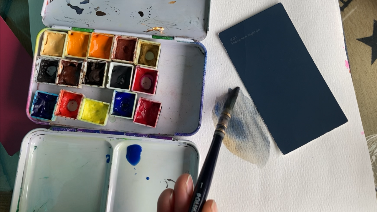Beginner watercolor painting setup with a palette, brush, and paper for learning foundational watercolor skills.