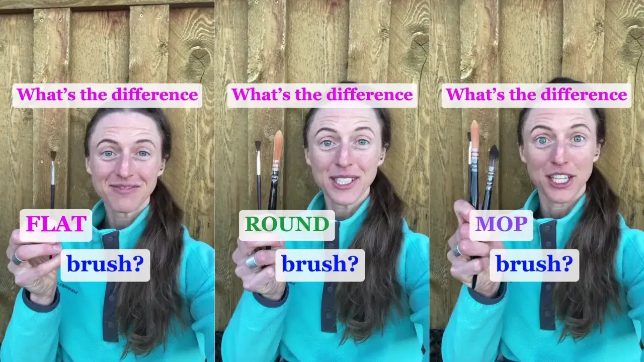 Juliene demonstrates flat, round, and mop watercolor brushes, highlighting their different shapes and uses for watercolor painting techniques.