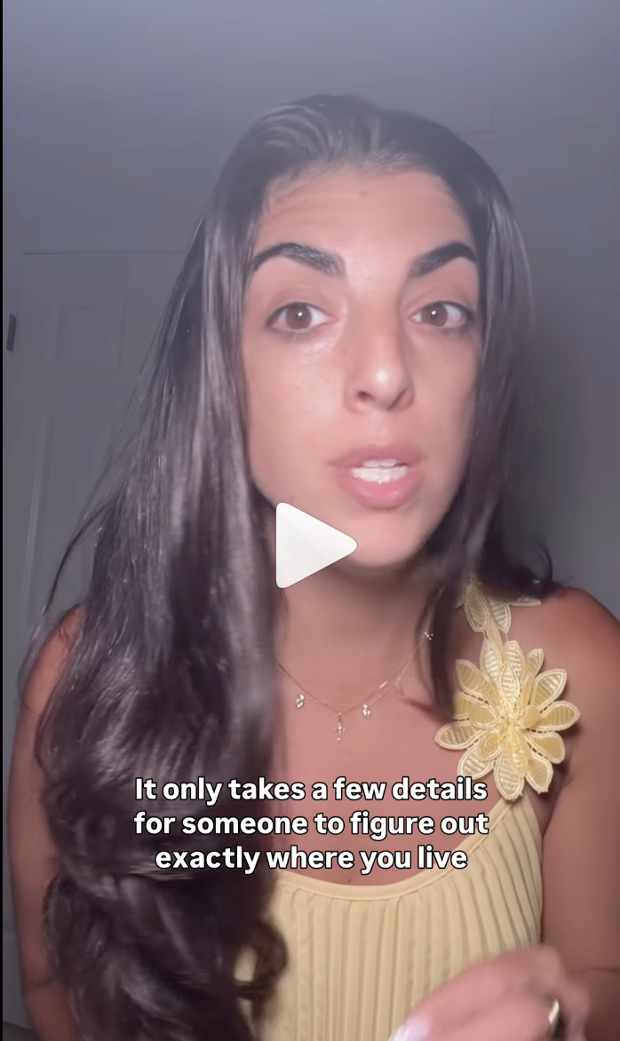 Onling Dating Safety Warning A woman in a yellow top with a floral detail speaks seriously about online privacy. Text on screen reads: “It only takes a few details for someone to figure out exactly where you live.”