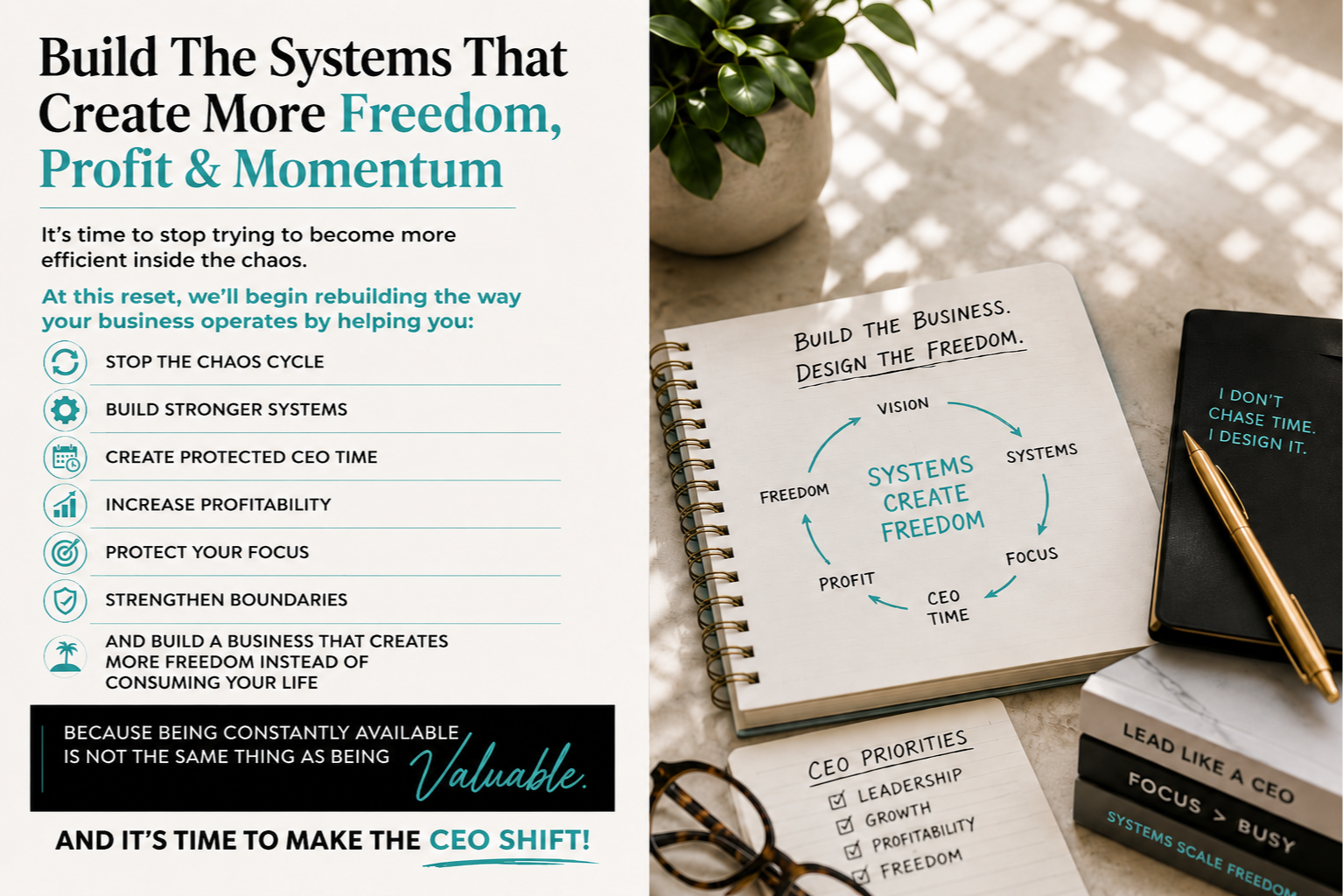 Business planning graphic featuring notebooks, a CEO priorities checklist, books, and a journal on a desk. The image explains how strong systems create freedom, profitability, focus, and leadership capacity while reducing business chaos and overwhelm.