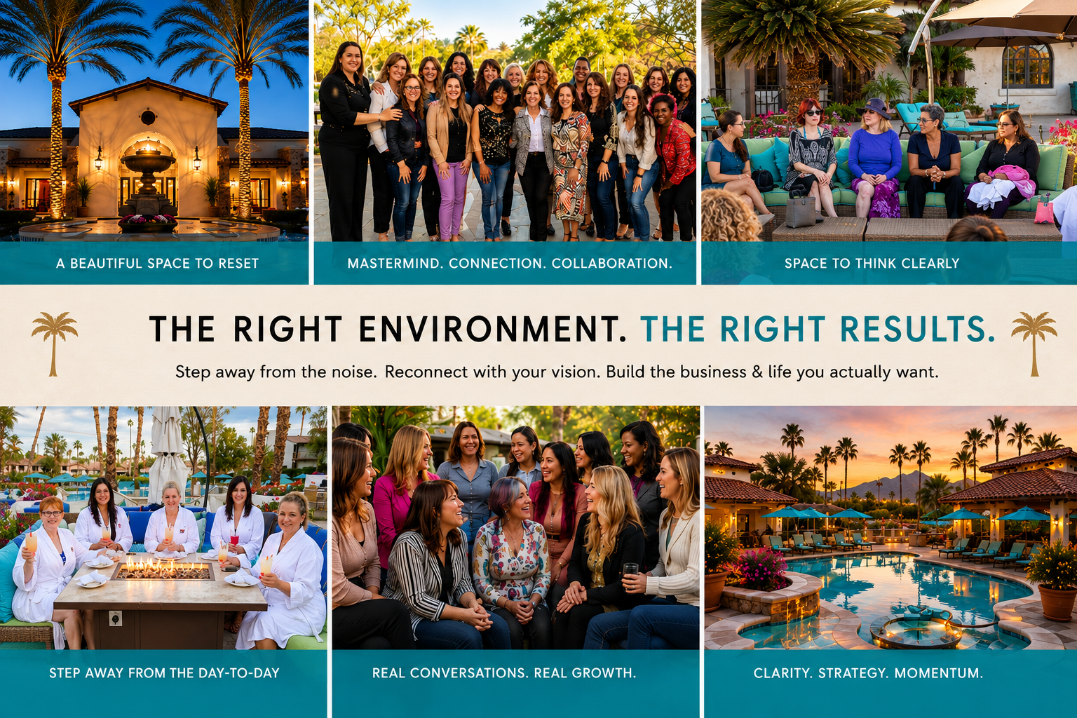 Luxury CEO retreat for female founders featuring mastermind groups, business networking, strategic planning, collaborative discussions, wellness experiences, and resort accommodations designed to foster clarity, leadership, growth, and momentum.