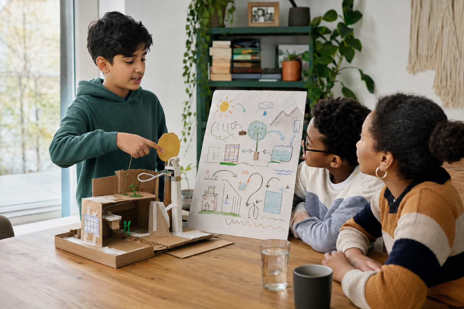 A child explaining a handmade science model and poster