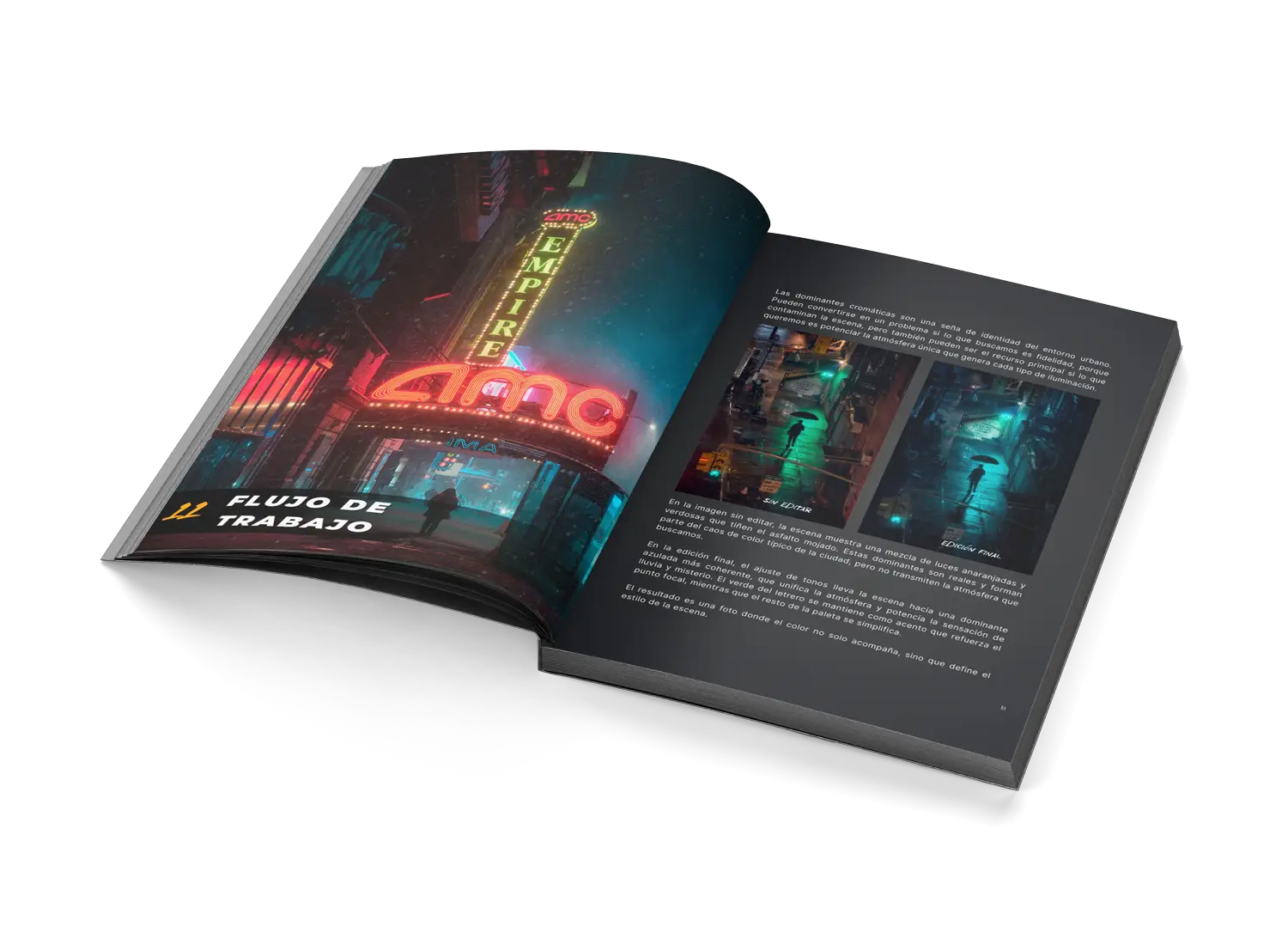 Mockup del ebook Domina el Color en Fotografía abierto por el capítulo de flujo de trabajo