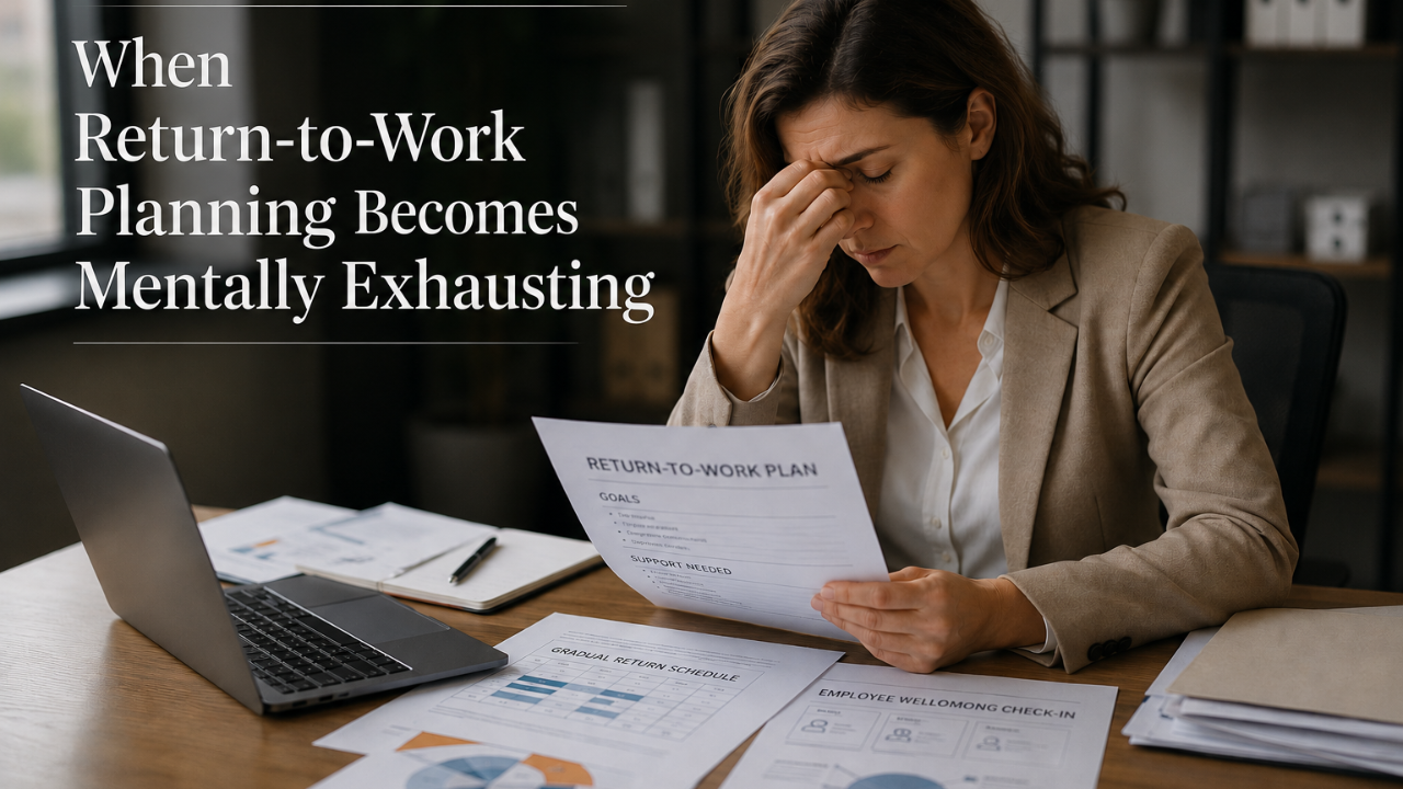 woman reviewing a return to work plan, appears tired.