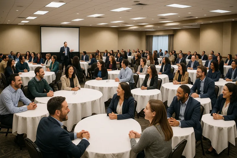Members seated at round tables in a conference room during a live event