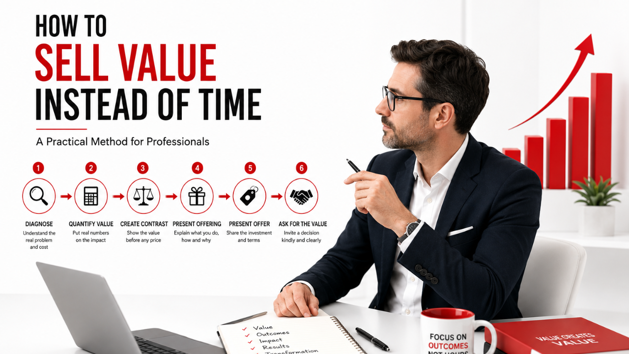 Consultant gesturing while presenting beside a rising bar chart, illustrating the blog post on selling value instead of time