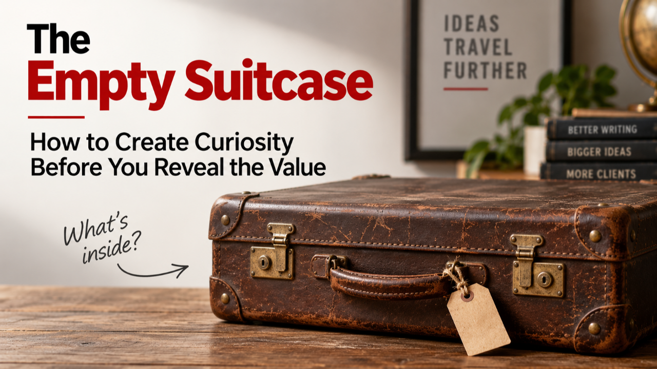 Closed vintage suitcase representing curiosity and the idea of creating anticipation before revealing value.