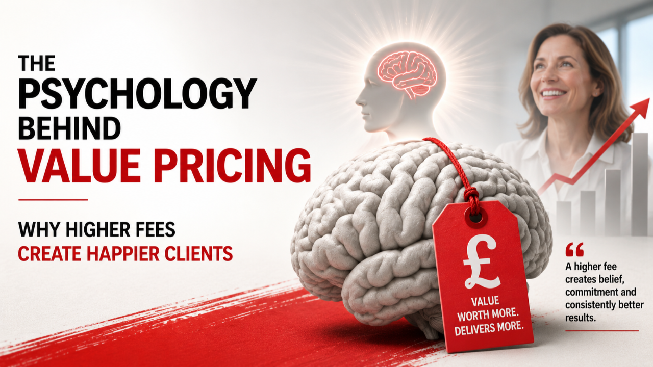 Illustration of a brain with a price tag reading "Paid what you're worth," symbolizing value pricing psychology, alongside a smiling professional