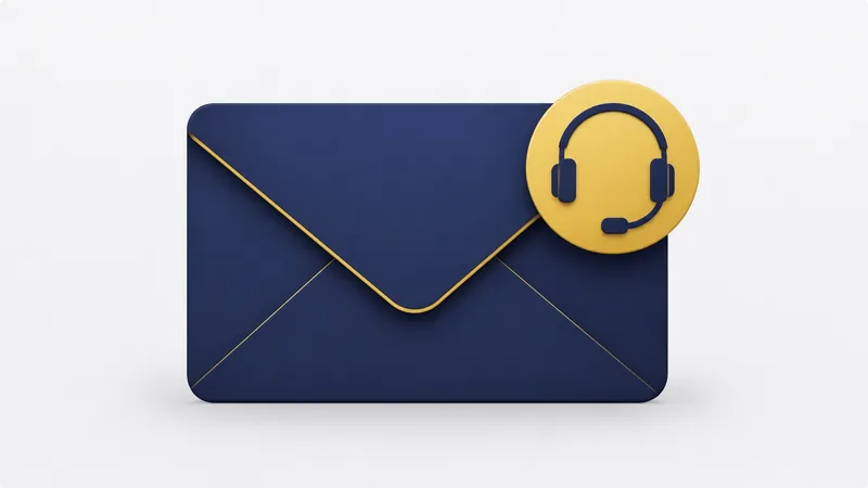 A navy envelope with a gold headset badge, for the members email help line