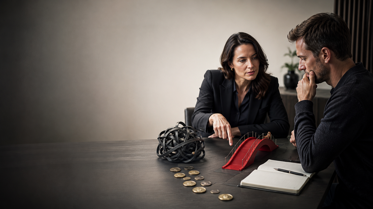 Business coach helping a client understand a costly problem before presenting the solution, represented by a tangled knot, scattered coins and a red bridge.