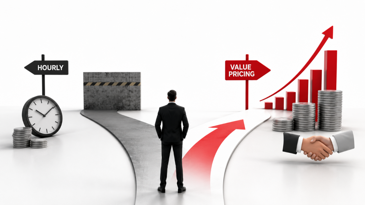 Businessman standing at a crossroads between hourly billing and value pricing, with a rising growth chart