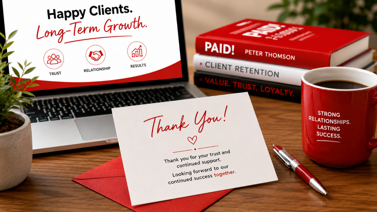 Client retention concept with personalised thank you card, laptop and coffee on office desk