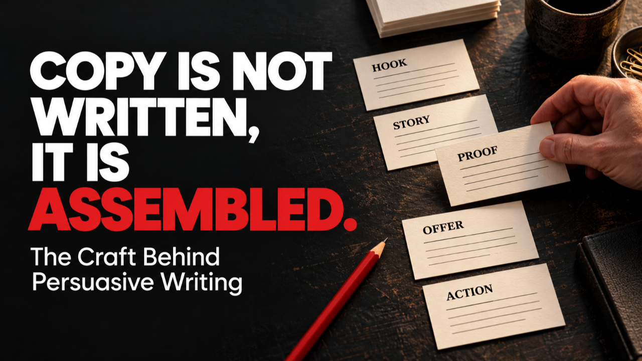 A hand arranging cards labelled Hook, Story, Proof, Offer and Action beside the headline “Copy is not written, it is assembled