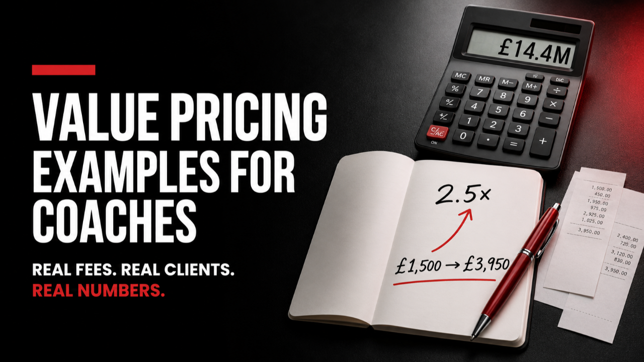 Value pricing examples for coaches, featuring a calculator displaying £14.4 million and a notebook showing fees increasing from £1,500 to £3,950.